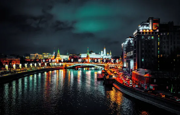 Night, Moscow, The Kremlin, Russia, Red square, The Moscow river