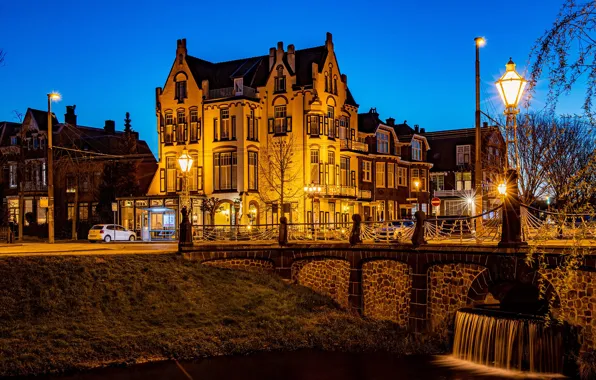 Picture bridge, home, Arnhem, lights, street, Netherlands, the evening, channel