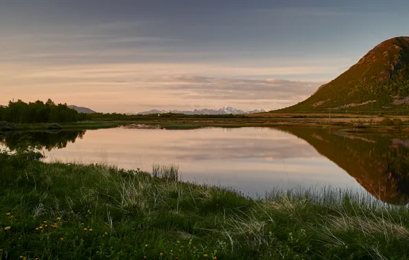 Mountains, lake, the evening, Norway, Lofoten