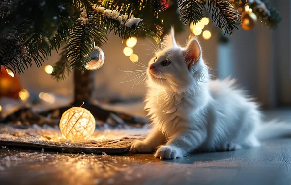 Cat, white, look, light, pose, kitty, ball, Christmas