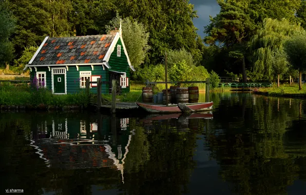 Picture summer, trees, nature, pond, Park, river, boat, house