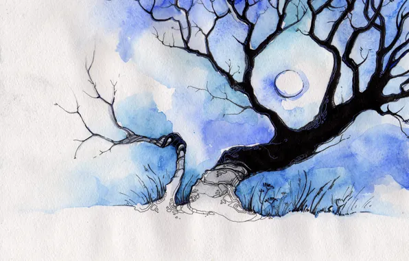 White, blue, tree, the moon, figure, deviantart, sulamith