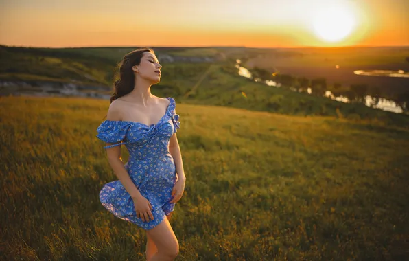 Picture summer, girl, sunset, pose, mood, hands, dress, shoulders