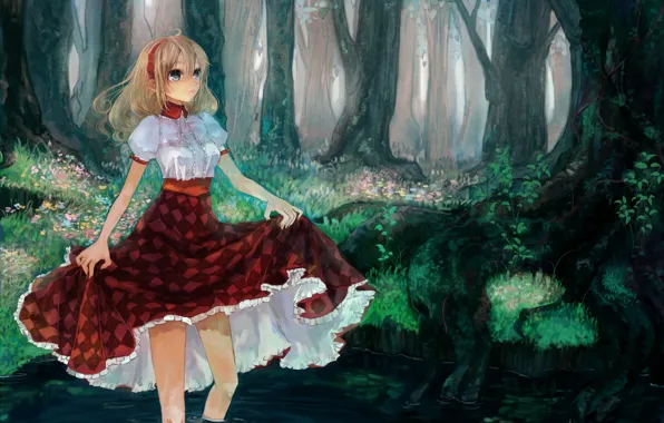 Forest, girl, river, art, pisuke