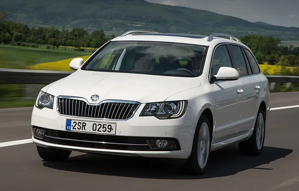 Road, car, machine, white, in motion, Skoda, Combi, Superb