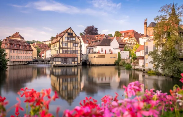 Flowers, river, building, home, Germany, Bayern, Germany, Bamberg