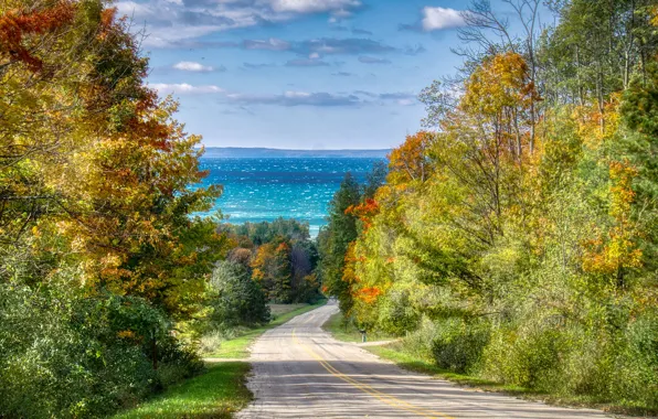 Picture road, sea, autumn, trees