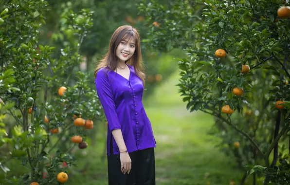 Picture girl, nature, garden, Asian, tangerines