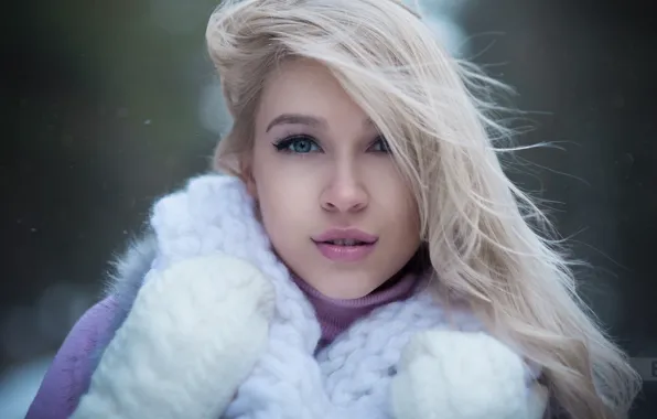 Winter, girl, snow, background, portrait, makeup, scarf, hairstyle