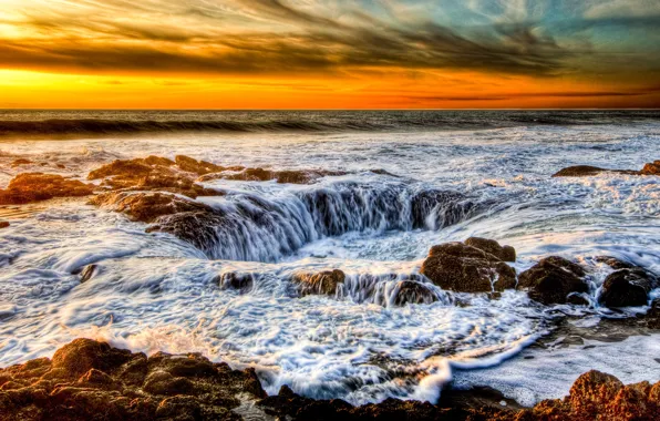 Sea, wave, the sky, sunset, stones, shore, funnel, sea foam