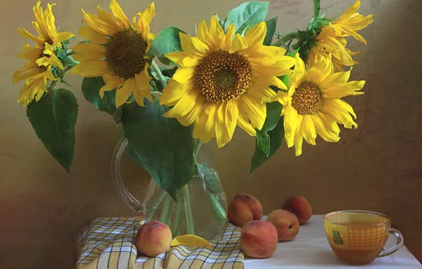Sunflowers, bouquet, vase, still life, apricots