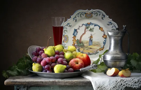 The dark background, table, apples, glass, grapes, fruit, still life, items