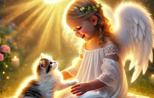 Cat, rays, light, joy, kitty, wings, angel, Christmas