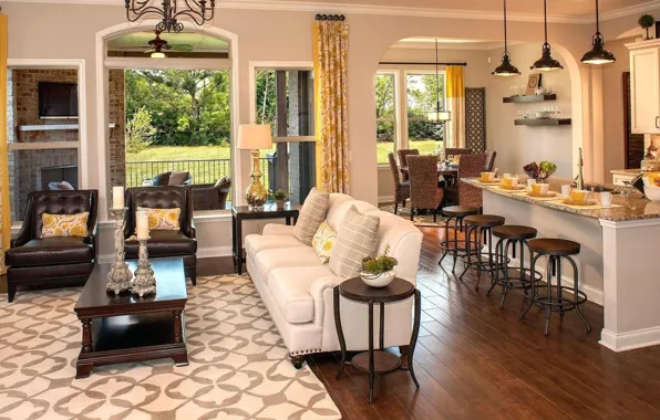 Interior, kitchen, living room, cozy, dining room, Open plan lounge, dining and kitchen area