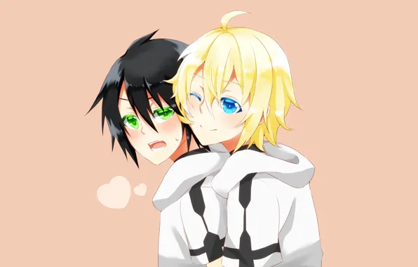 Owari no Seraph, The last Seraphim, Yuichiro Hakua, Michaela Hakua, peach background