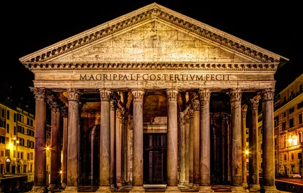 Night, lights, Rome, Italy, Pantheon