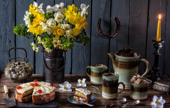 Flowers, coffee, candle, eggs, bouquet, kettle, cake, sugar