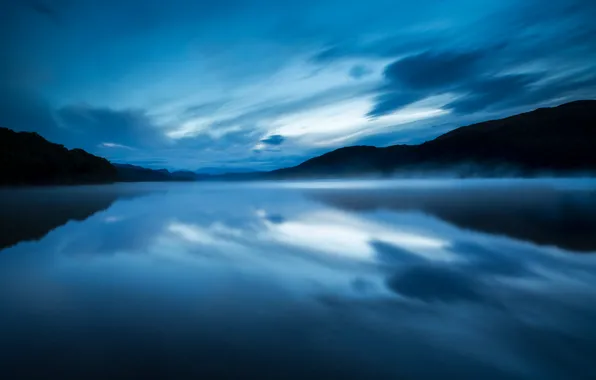 Picture the sky, water, clouds, fog, lake, surface, reflection, blue
