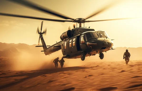 Sand, Helicopter, Soldiers, Digital art, AI art, The Art of Artificial Intelligence, Neural network