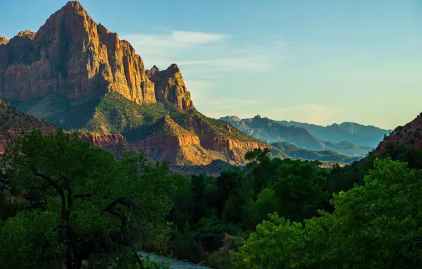 Picture the sky, clouds, trees, mountains, nature, river, rocks, canyon