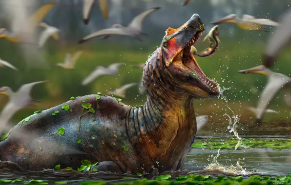 Water, birds, nature, dinosaur, predator, illustration, digital art, 3D art