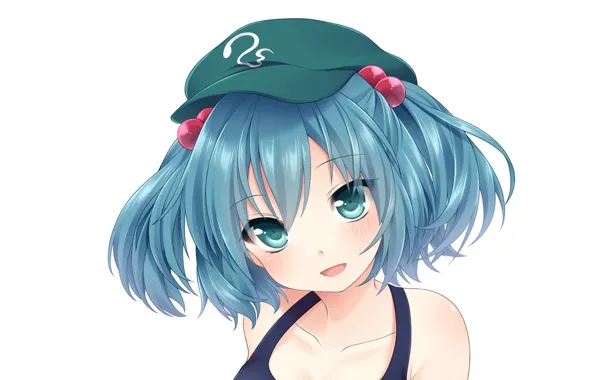 Face, girl, white background, cap, blue hair, art, two tails, Touhou Project