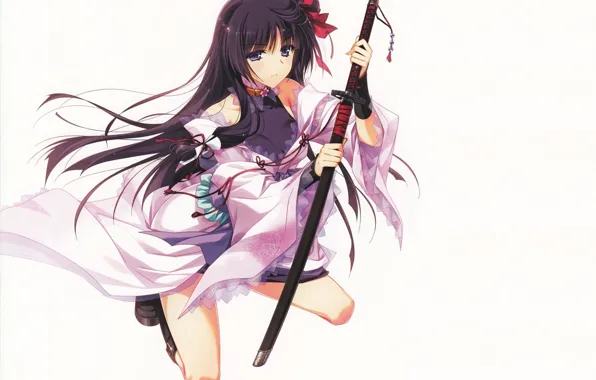 Katana, girl, white background, sitting, long hair, Japanese clothing, art, on my knees