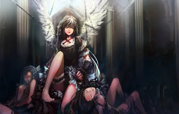 Girls, blood, wings, angel, dress, chain, sitting, anime