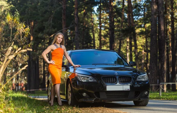 Girls, BMW, beautiful girl, posing on the car, black car