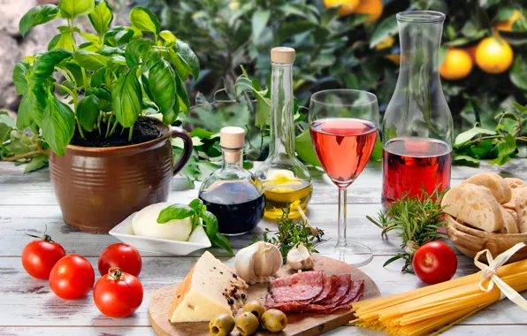 Picture table, wine, red, glass, oil, food, cheese, bread