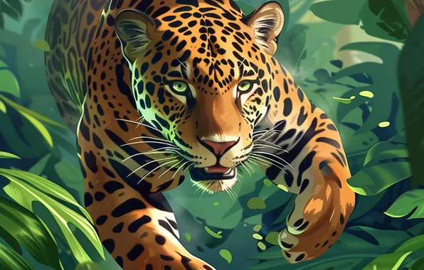 Picture Leaves, Jump, Jaguar, Face, Predator, Art, Digital art, Big cat