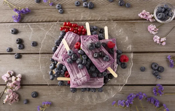 Flowers, berries, blueberries, ice cream