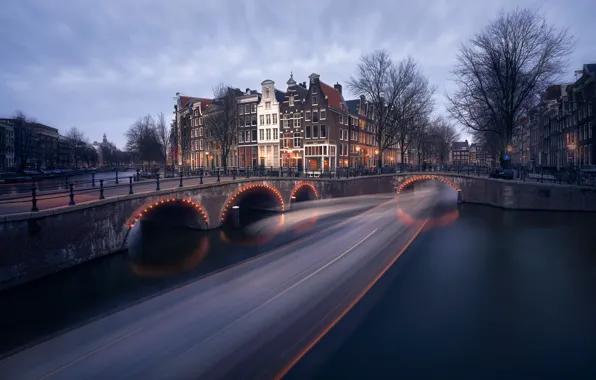 Road, building, highway, Amsterdam, Netherlands, twilight