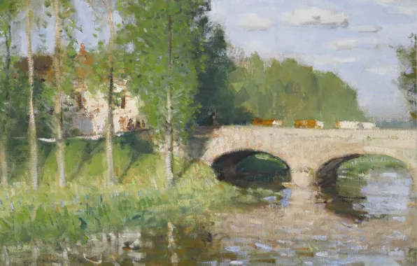 Landscape, picture, Pierre Eugène Montesin, Pierre-Eugene Montezin, The bridge over the River. Sainte-Gemme-Moronval