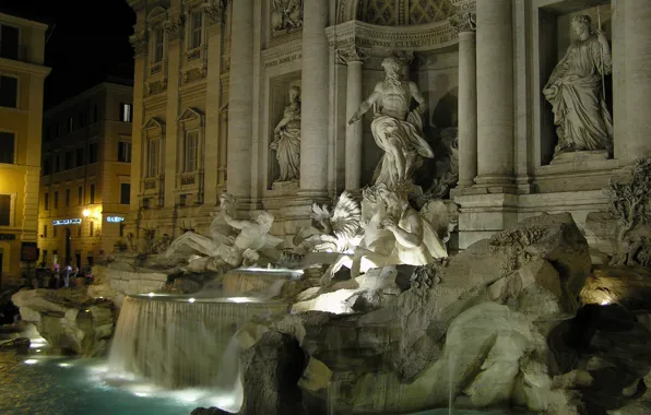 Water, lights, home, the evening, fountain, sculpture, Italy, Rome
