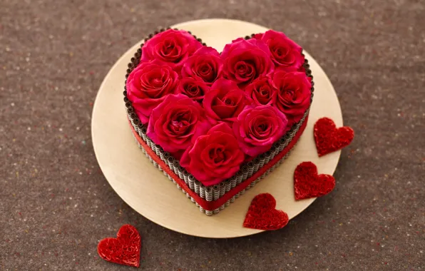 Flowers, heart, roses, plate, hearts, red, buds