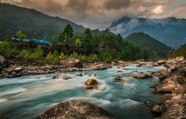 Forest, clouds, mountains, river, stones, shore, Switzerland, house