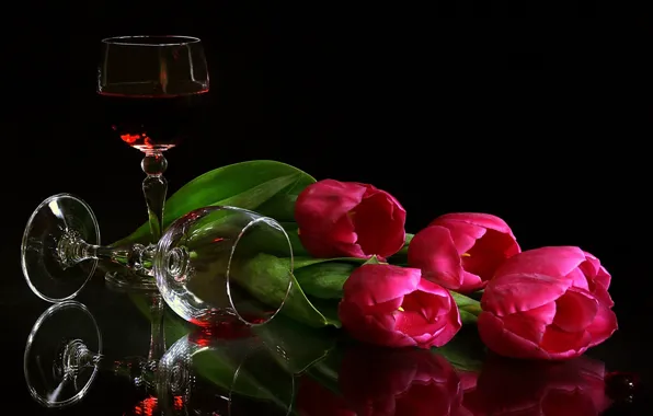 Wine, tulips, still life, glasses