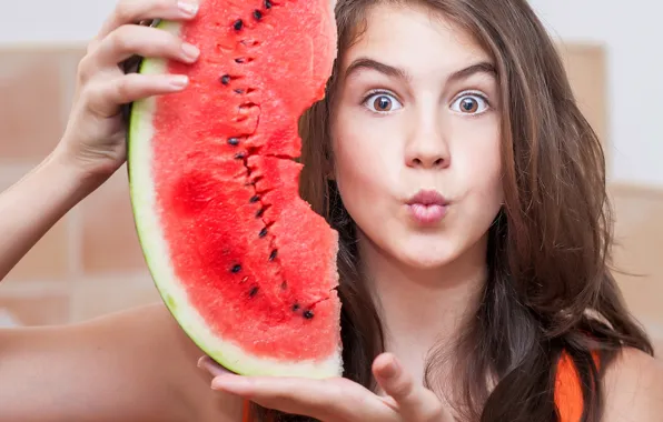 Picture look, girl, face, watermelon, hairstyle, brown hair, grimace, facial expressions