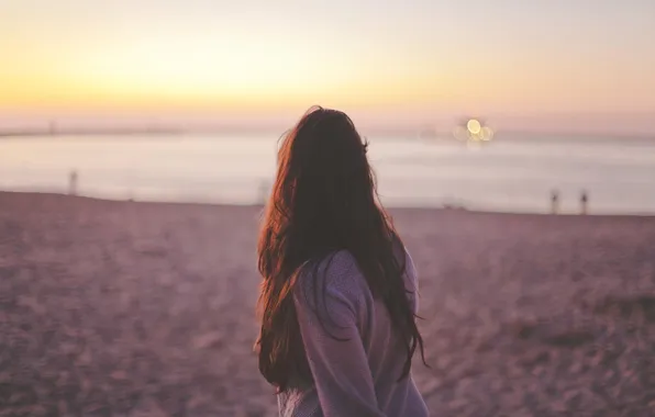 Picture beach, girl, sunset