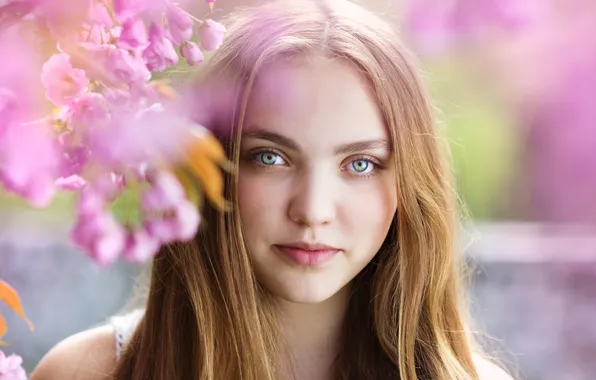 Picture look, girl, flowers, smile, spring, brown hair