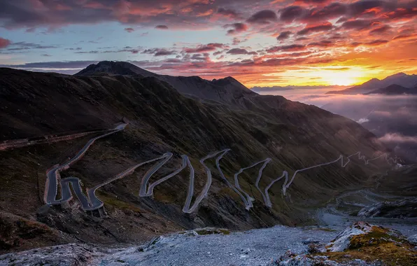 Road, sunset, mountain