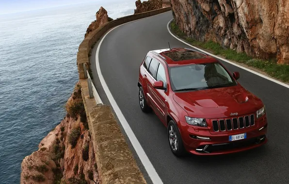 Road, water, mountains, red, shore, jeep, the front, Jeep