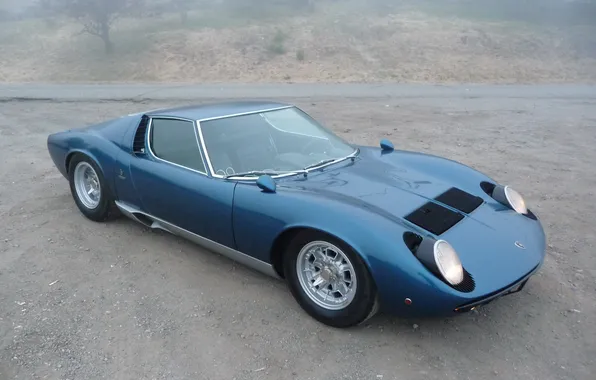 Blue, reflection, lamborghini, side view, blue, 1970, Lamborghini, Miura with