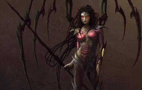 Picture girl, spikes, spear, Starcraft, Sarah Kerrigan, burning eyes, Queen of Blades