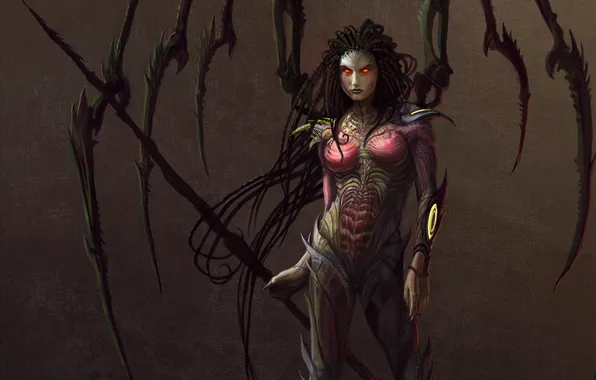 Girl, spikes, spear, Starcraft, Sarah Kerrigan, burning eyes, Queen of Blades