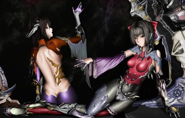 Space, stars, girls, touhou, back, costumes, hakurei reimu, ibuki suika