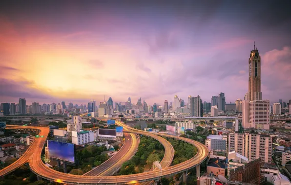 The city, dawn, building, road, morning, Thailand, Bangkok