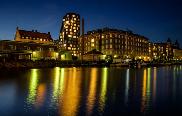 The sky, night, lights, river, home, stars, boats, Denmark