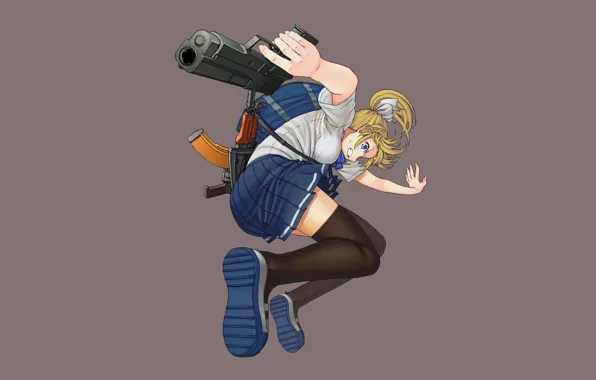 Girl, gun, weapons, jump, anger, skirt, minimalism, stockings